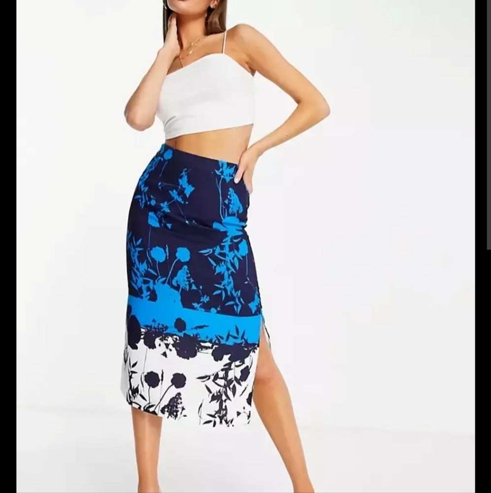 NWT Ted Baker Bluebell Side Slit Floral Women 12 Midi Designer Skirt MSRP:$225